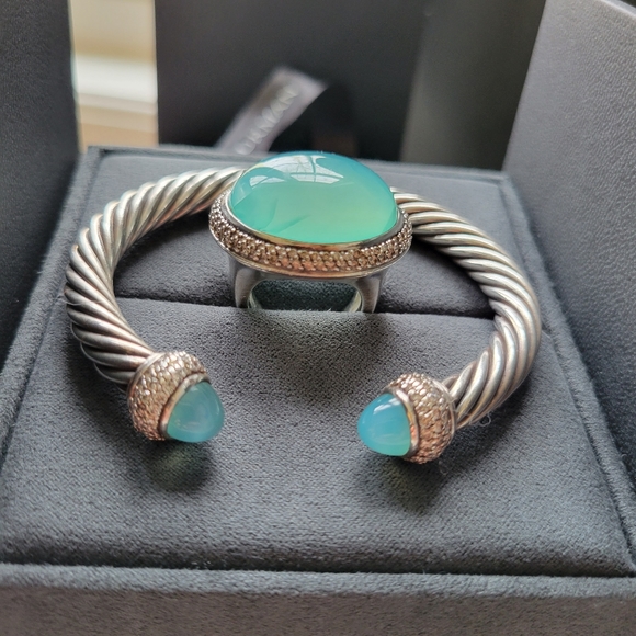 David Yurman aqua chalcedony and pave diamond ring with matching bangle - Picture 1 of 13